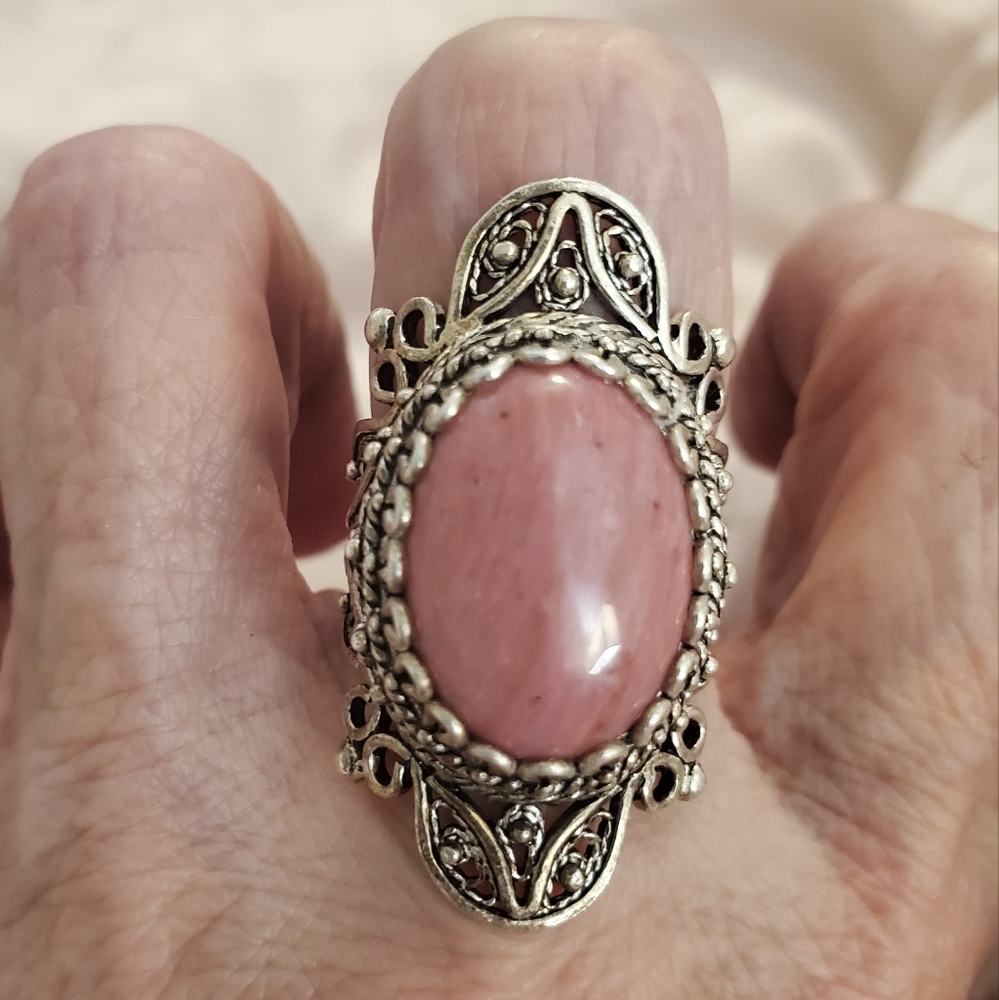Sterling Silver Pink Rhodonite Filligree Oval Ring